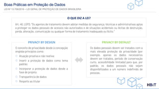 Boas Práticas em Proteção de Dados
LEI Nº 13.709/2018 – LEI GERAL DE PROTEÇÃO DE DADOS BRASILEIRA
Art. 46, LGPD. “Os agentes de tratamento devem adotar medidas de segurança, técnicas e administrativas aptas
a proteger os dados pessoais de acessos não autorizados e de situações acidentais ou ilícitas de destruição,
perda, alteração, comunicação ou qualquer forma de tratamento inadequado ou ilícito.”
O QUE DIZ A LEI?
O conceito de privacidade desde à concepção
engloba princípios como:
Atuação proativa e não reativa;
Inserir a proteção de dados como tema
padrão;
Incorporar a proteção de dados desde a
fase de projeto;
Transparência de dados
Respeito ao titular
PRIVACY BY DESIGN
Os dados pessoais devem ser tratados com a
mais elevada proteção da privacidade (por
exemplo, apenas os dados necessários
devem ser tratados, período de conservação
curto, acessibilidade limitada) para que, por
padrão, os dados pessoais não sejam
disponibilizados a um número indefinido de
pessoas.
PRIVACY BY DEFAULT
 