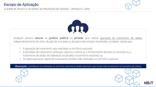 Escopo de Aplicação
A QUEM SE APLICA A LEI GERAL DE PROTEÇÃO DE DADOS? – ARTIGO 3º, LGPD
Qualquer pessoa natural ou jurídica, pública ou privada, que realize operação de tratamento de dados,
independentemente do meio, do país de sua sede ou do país onde estejam localizados os dados, desde que:
A operação de tratamento seja realizada no território nacional;
A atividade de tratamento tenha por objetivo a oferta ou o fornecimento de bens ou serviços ou o
tratamento de dados de indivíduos localizados no território nacional; ou
Os dados pessoais objeto do tratamento tenham sido coletados no território nacional.
Observação: consideram-se coletados no território nacional os dados pessoais cujo titular nele se encontre no momento da coleta.
 
