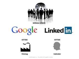 HITTAR
Företag
HITTAR
Individer
MÅNGA SÖKER
Linkedinexpert.se - får spridas med uppgift om källan
 