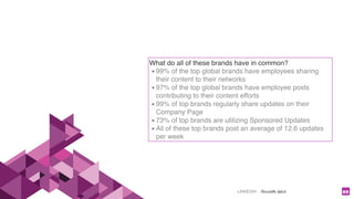 LINKEDIN - Christelle Letist 69
What do all of these brands have in common?
▪ 99% of the top global brands have employees sharing
their content to their networks
▪ 97% of the top global brands have employee posts
contributing to their content efforts
▪ 99% of top brands regularly share updates on their
Company Page
▪ 73% of top brands are utilizing Sponsored Updates
▪ All of these top brands post an average of 12.6 updates
per week
 