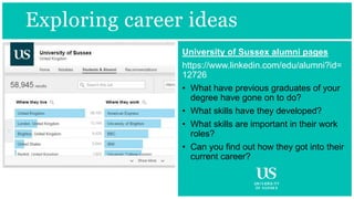 Exploring career ideas
University of Sussex alumni pages
https://www.linkedin.com/edu/alumni?id=
12726
• What have previous graduates of your
degree have gone on to do?
• What skills have they developed?
• What skills are important in their work
roles?
• Can you find out how they got into their
current career?
 