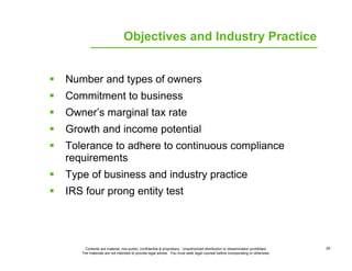 Objectives and Industry Practice


Number and types of owners
Commitment to business
Owner’s marginal tax rate
Growth and ...