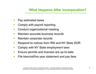 What Happens After Incorporation?


Pay estimated taxes
Comply with payroll reporting
Conduct organizational meeting
Maint...