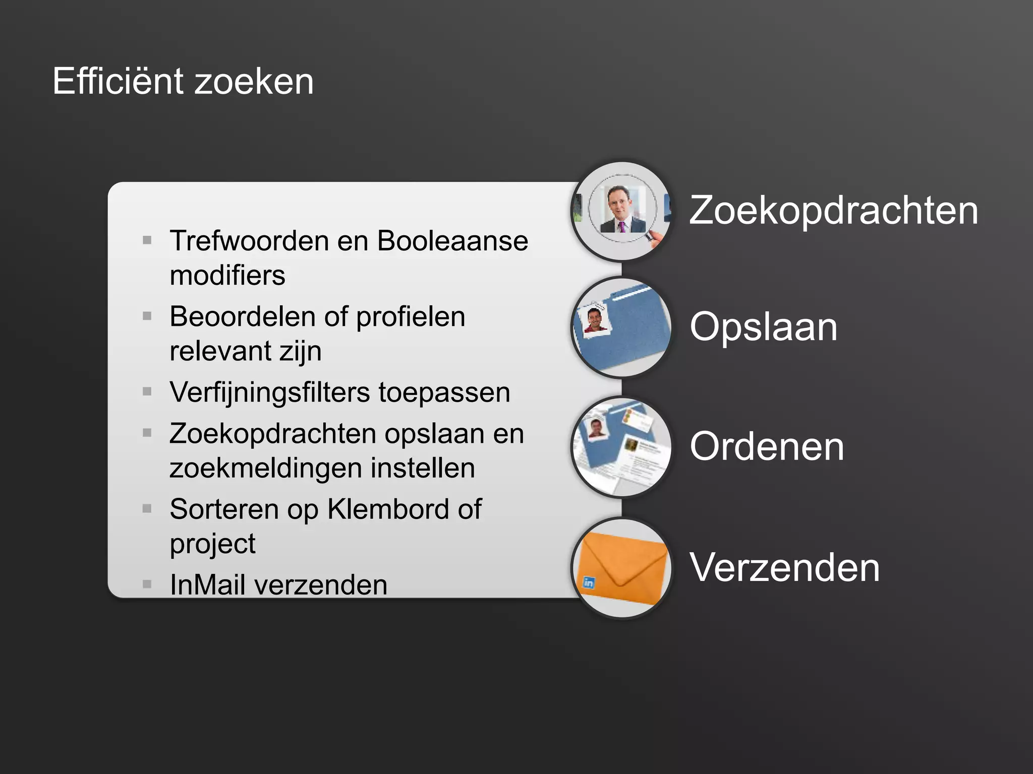 11
Efficiënt zoeken
Zoekopdrachten
Ordenen
Opslaan
Verzenden
 Trefwoorden en Booleaanse
modifiers
 Beoordelen of profielen
relevant zijn
 Verfijningsfilters toepassen
 Zoekopdrachten opslaan en
zoekmeldingen instellen
 Sorteren op Klembord of
project
 InMail verzenden
 