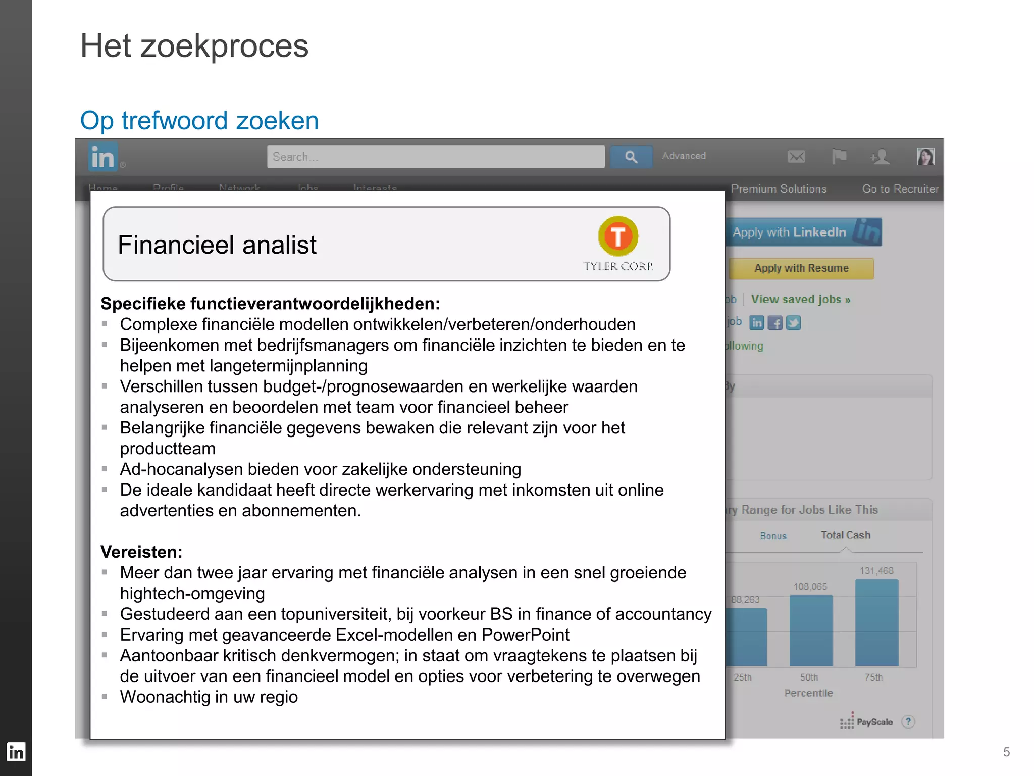 5
Het zoekproces
Op trefwoord zoeken
Specifieke functieverantwoordelijkheden:
 Complexe financiële modellen ontwikkelen/verbeteren/onderhouden
 Bijeenkomen met bedrijfsmanagers om financiële inzichten te bieden en te
helpen met langetermijnplanning
 Verschillen tussen budget-/prognosewaarden en werkelijke waarden
analyseren en beoordelen met team voor financieel beheer
 Belangrijke financiële gegevens bewaken die relevant zijn voor het
productteam
 Ad-hocanalysen bieden voor zakelijke ondersteuning
 De ideale kandidaat heeft directe werkervaring met inkomsten uit online
advertenties en abonnementen.
Vereisten:
 Meer dan twee jaar ervaring met financiële analysen in een snel groeiende
hightech-omgeving
 Gestudeerd aan een topuniversiteit, bij voorkeur BS in finance of accountancy
 Ervaring met geavanceerde Excel-modellen en PowerPoint
 Aantoonbaar kritisch denkvermogen; in staat om vraagtekens te plaatsen bij
de uitvoer van een financieel model en opties voor verbetering te overwegen
 Woonachtig in uw regio
Financieel analist
 