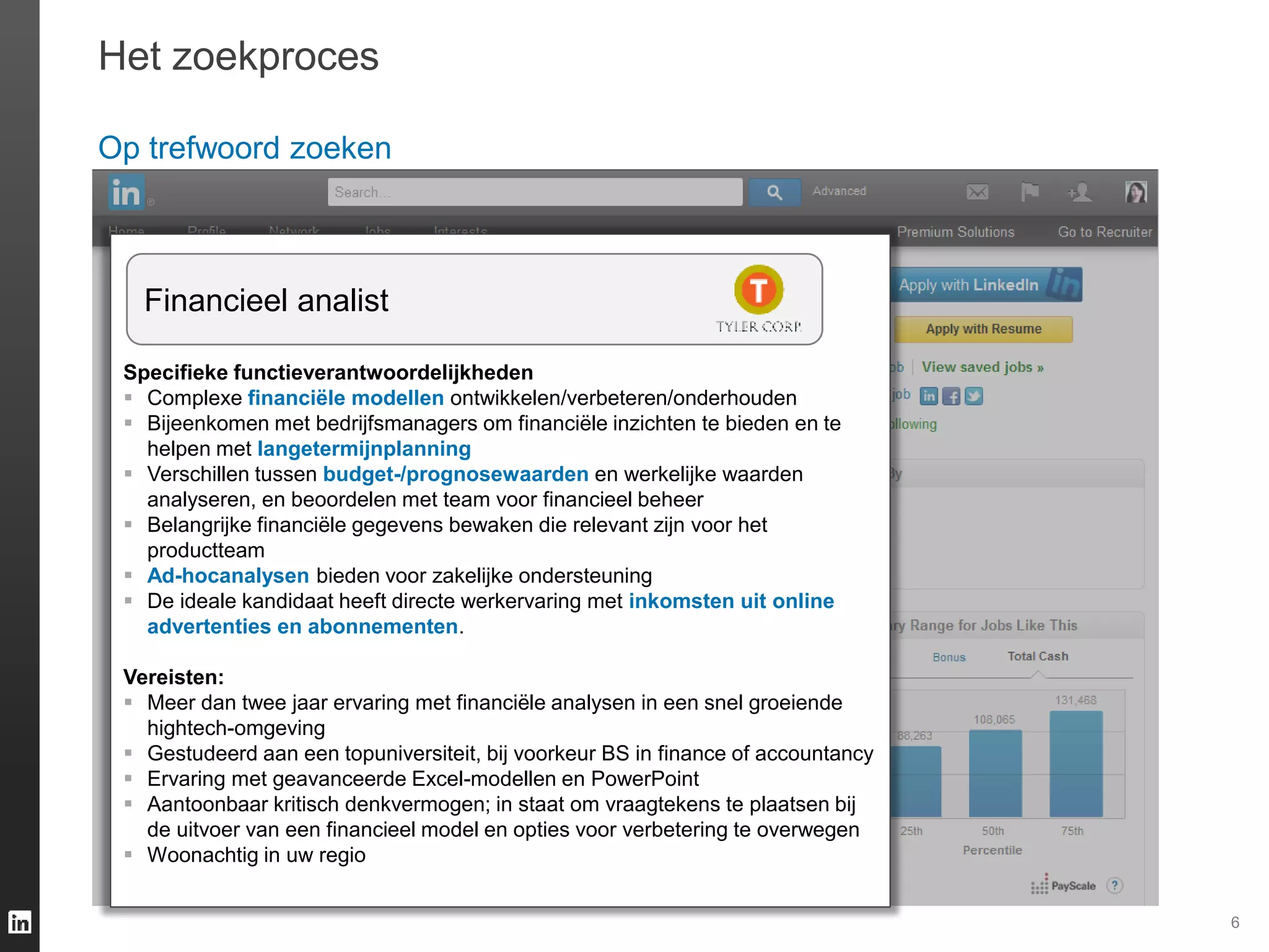 6
Het zoekproces
Op trefwoord zoeken
Specifieke functieverantwoordelijkheden
 Complexe financiële modellen ontwikkelen/verbeteren/onderhouden
 Bijeenkomen met bedrijfsmanagers om financiële inzichten te bieden en te
helpen met langetermijnplanning
 Verschillen tussen budget-/prognosewaarden en werkelijke waarden
analyseren, en beoordelen met team voor financieel beheer
 Belangrijke financiële gegevens bewaken die relevant zijn voor het
productteam
 Ad-hocanalysen bieden voor zakelijke ondersteuning
 De ideale kandidaat heeft directe werkervaring met inkomsten uit online
advertenties en abonnementen.
Vereisten:
 Meer dan twee jaar ervaring met financiële analysen in een snel groeiende
hightech-omgeving
 Gestudeerd aan een topuniversiteit, bij voorkeur BS in finance of accountancy
 Ervaring met geavanceerde Excel-modellen en PowerPoint
 Aantoonbaar kritisch denkvermogen; in staat om vraagtekens te plaatsen bij
de uitvoer van een financieel model en opties voor verbetering te overwegen
 Woonachtig in uw regio
Financieel analist
 