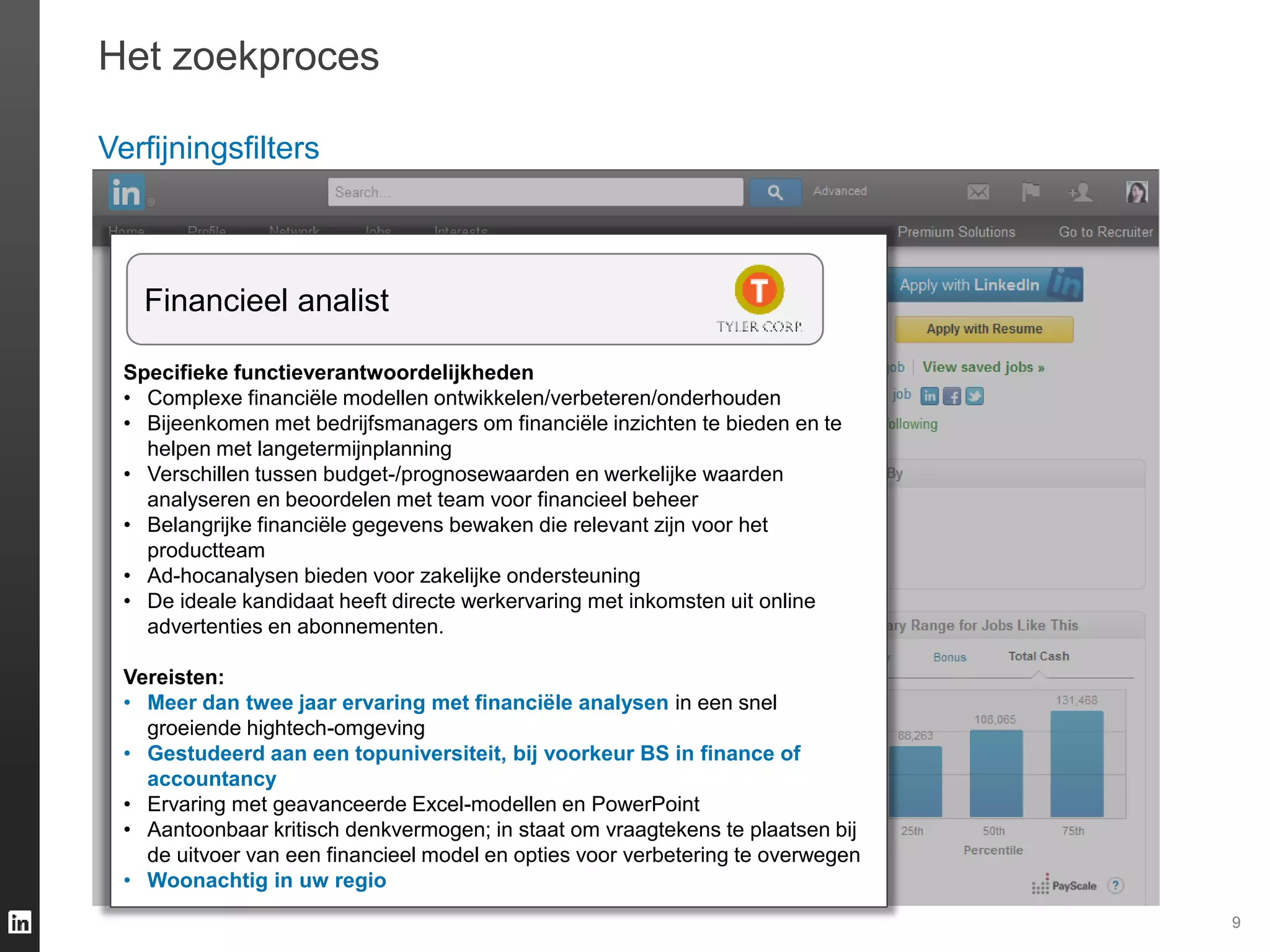 9
Het zoekproces
Verfijningsfilters
Specifieke functieverantwoordelijkheden
• Complexe financiële modellen ontwikkelen/verbeteren/onderhouden
• Bijeenkomen met bedrijfsmanagers om financiële inzichten te bieden en te
helpen met langetermijnplanning
• Verschillen tussen budget-/prognosewaarden en werkelijke waarden
analyseren en beoordelen met team voor financieel beheer
• Belangrijke financiële gegevens bewaken die relevant zijn voor het
productteam
• Ad-hocanalysen bieden voor zakelijke ondersteuning
• De ideale kandidaat heeft directe werkervaring met inkomsten uit online
advertenties en abonnementen.
Vereisten:
• Meer dan twee jaar ervaring met financiële analysen in een snel
groeiende hightech-omgeving
• Gestudeerd aan een topuniversiteit, bij voorkeur BS in finance of
accountancy
• Ervaring met geavanceerde Excel-modellen en PowerPoint
• Aantoonbaar kritisch denkvermogen; in staat om vraagtekens te plaatsen bij
de uitvoer van een financieel model en opties voor verbetering te overwegen
• Woonachtig in uw regio
Financieel analist
 