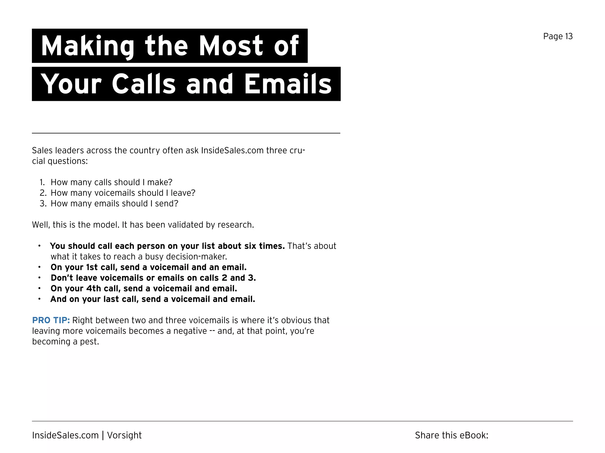 Page 13
Your Calls and Emails
Making the Most of
Sales leaders across the country often ask InsideSales.com three cru-
cial questions:
1.	 How many calls should I make?
2.	 How many voicemails should I leave?
3.	 How many emails should I send?
Well, this is the model. It has been validated by research.
•	 You should call each person on your list about six times. That’s about
what it takes to reach a busy decision-maker.
•	 On your 1st call, send a voicemail and an email.
•	 Don’t leave voicemails or emails on calls 2 and 3.
•	 On your 4th call, send a voicemail and email.
•	 And on your last call, send a voicemail and email.
PRO TIP: Right between two and three voicemails is where it’s obvious that
leaving more voicemails becomes a negative -- and, at that point, you’re
becoming a pest.
Share this eBook:InsideSales.com | Vorsight
 