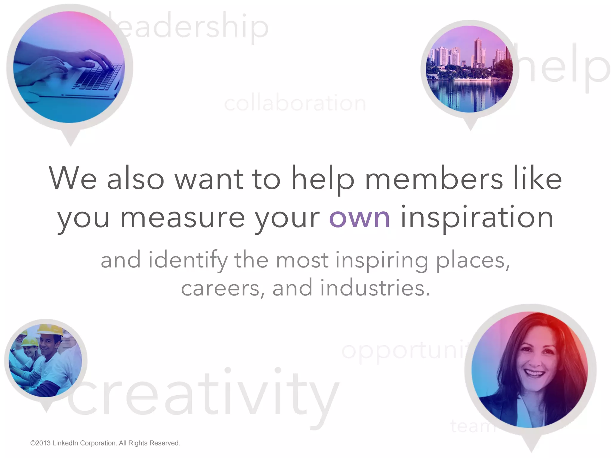 leadership
creativity
help
We also want to help members like
you measure your own inspiration
and identify the most inspiring places,
careers, and industries.
opportunity
collaboration
team
©2013 LinkedIn Corporation. All Rights Reserved.
 