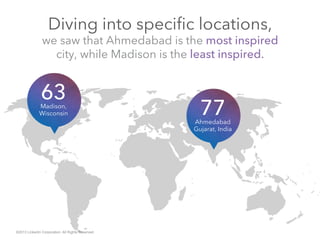 Diving into specific locations,
we saw that Ahmedabad is the most inspired
city, while Madison is the least inspired.
©2013 LinkedIn Corporation. All Rights Reserved.
Madison,
Wisconsin
63
Ahmedabad
Gujarat, India
77
 