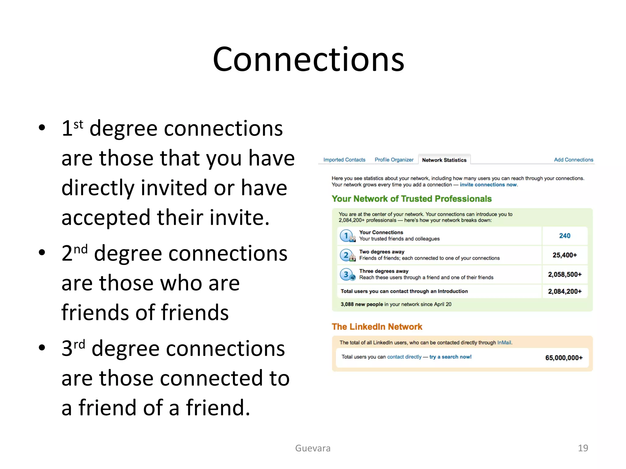 Connections  1 st  degree connections are those that you have directly invited or have accepted their invite. 2 nd  degree connections are those who are friends of friends 3 rd  degree connections are those connected to a friend of a friend. Guevara 