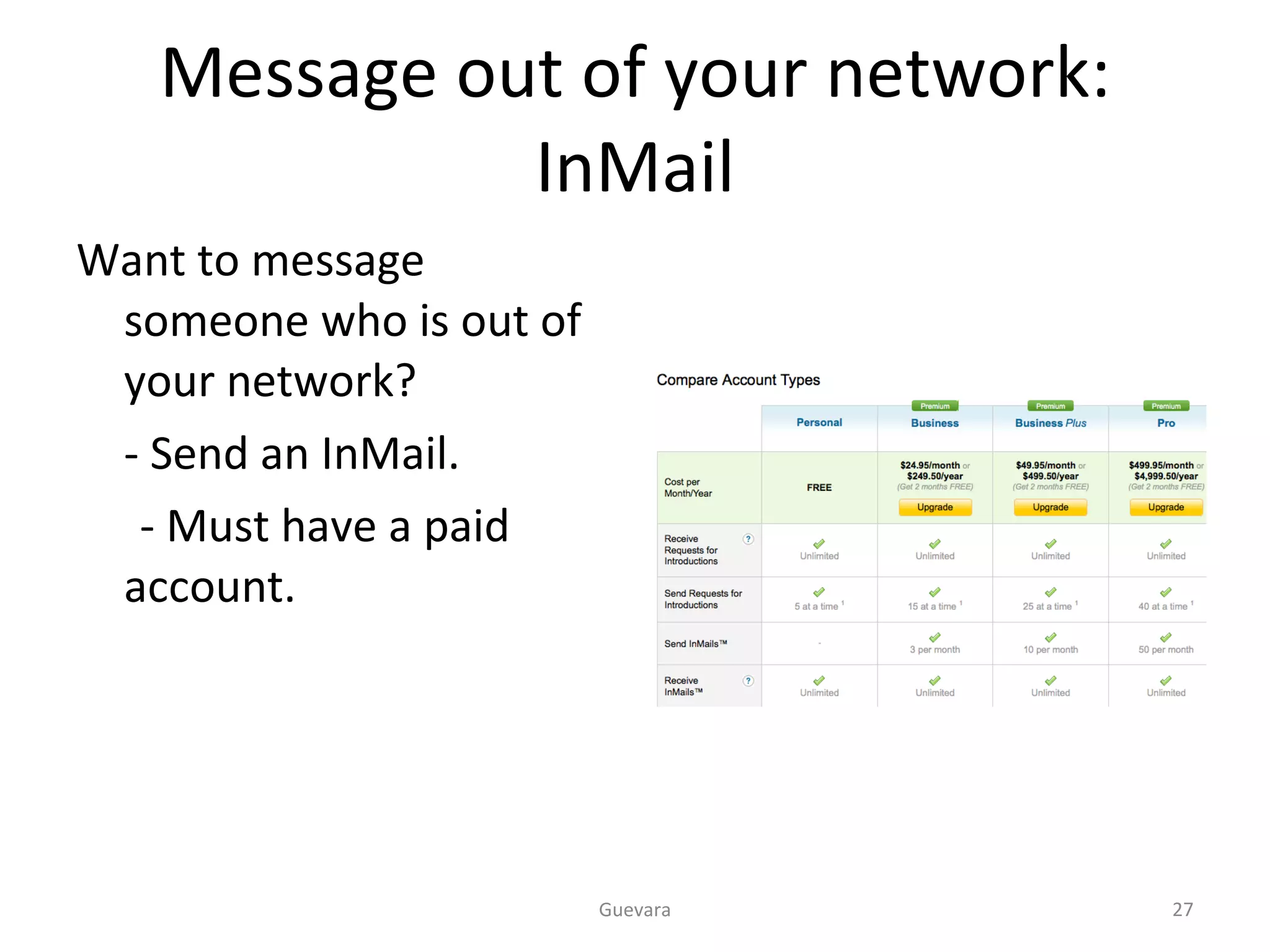 Message out of your network: InMail Want to message someone who is out of your network? - Send an InMail. - Must have a paid account. Guevara 