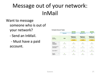 Message out of your network: InMail Want to message someone who is out of your network? - Send an InMail. - Must have a paid account. Guevara 