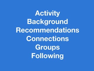 Activity
   Background
Recommendations
  Connections
     Groups
    Following
 