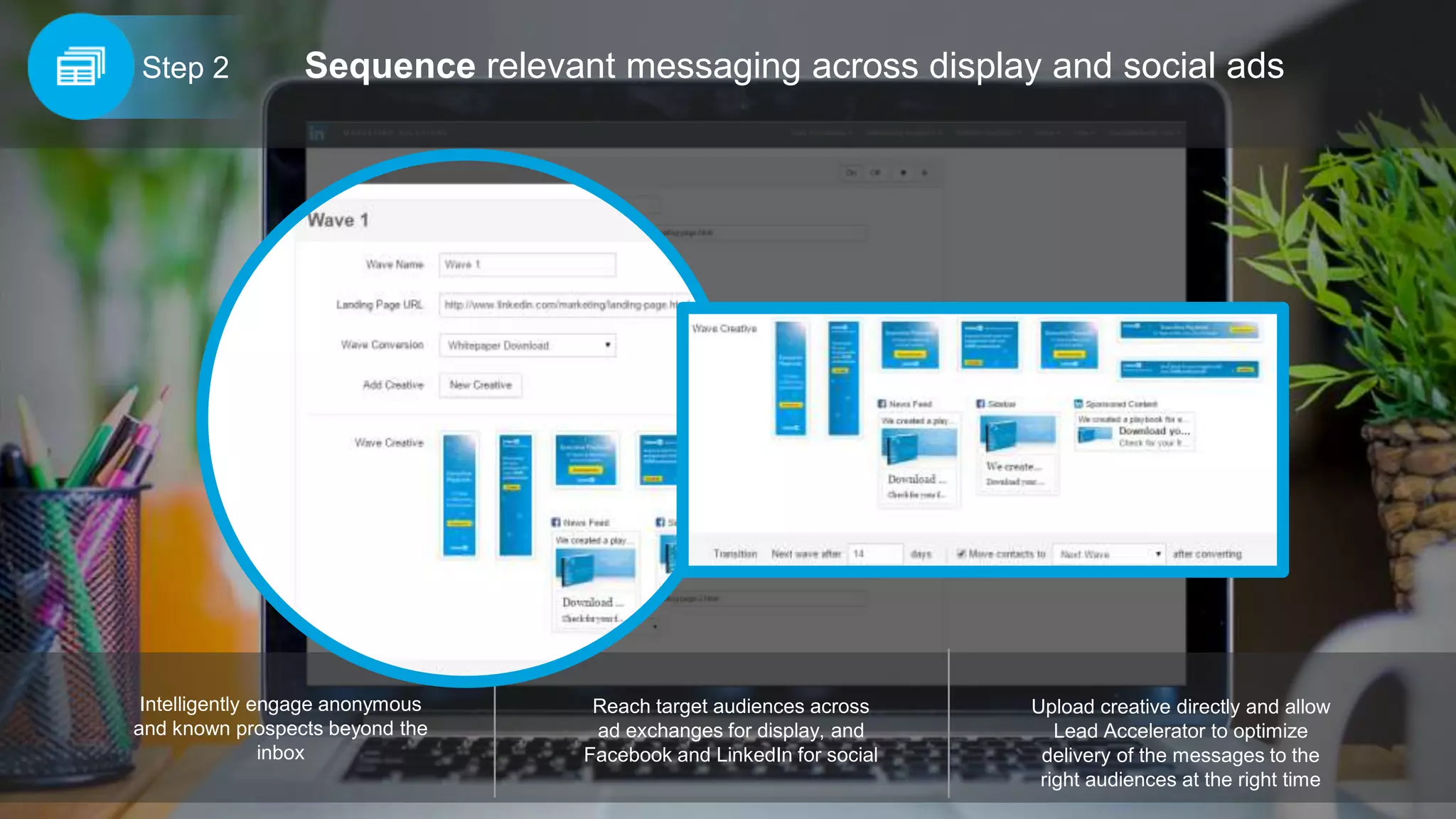 Reach target audiences across
ad exchanges for display, and
Facebook and LinkedIn for social
Intelligently engage anonymous
and known prospects beyond the
inbox
Upload creative directly and allow
Lead Accelerator to optimize
delivery of the messages to the
right audiences at the right time
Sequence relevant messaging across display and social adsStep 2
 