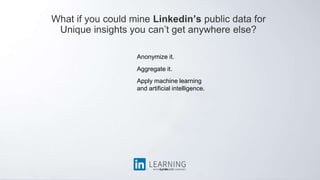What if you could mine Linkedin’s public data for
Unique insights you can’t get anywhere else?
Anonymize it.
Aggregate it.
Apply machine learning
and artificial intelligence.
 