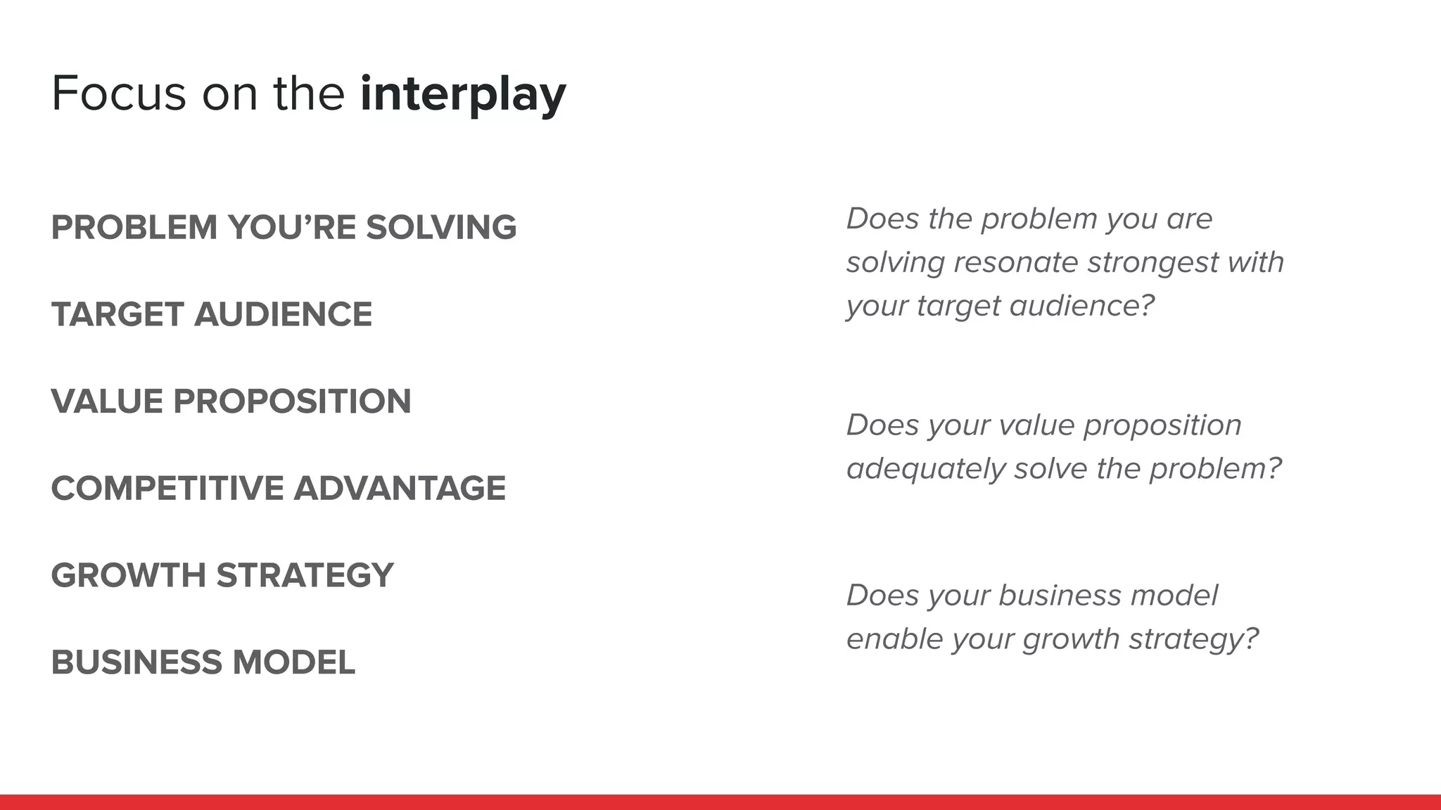 PROBLEM YOU’RE SOLVING
TARGET AUDIENCE
VALUE PROPOSITION
COMPETITIVE ADVANTAGE
GROWTH STRATEGY
BUSINESS MODEL
Focus on the interplay
Does the problem you are
solving resonate strongest with
your target audience?
Does your business model
enable your growth strategy?
Does your value proposition
adequately solve the problem?
 