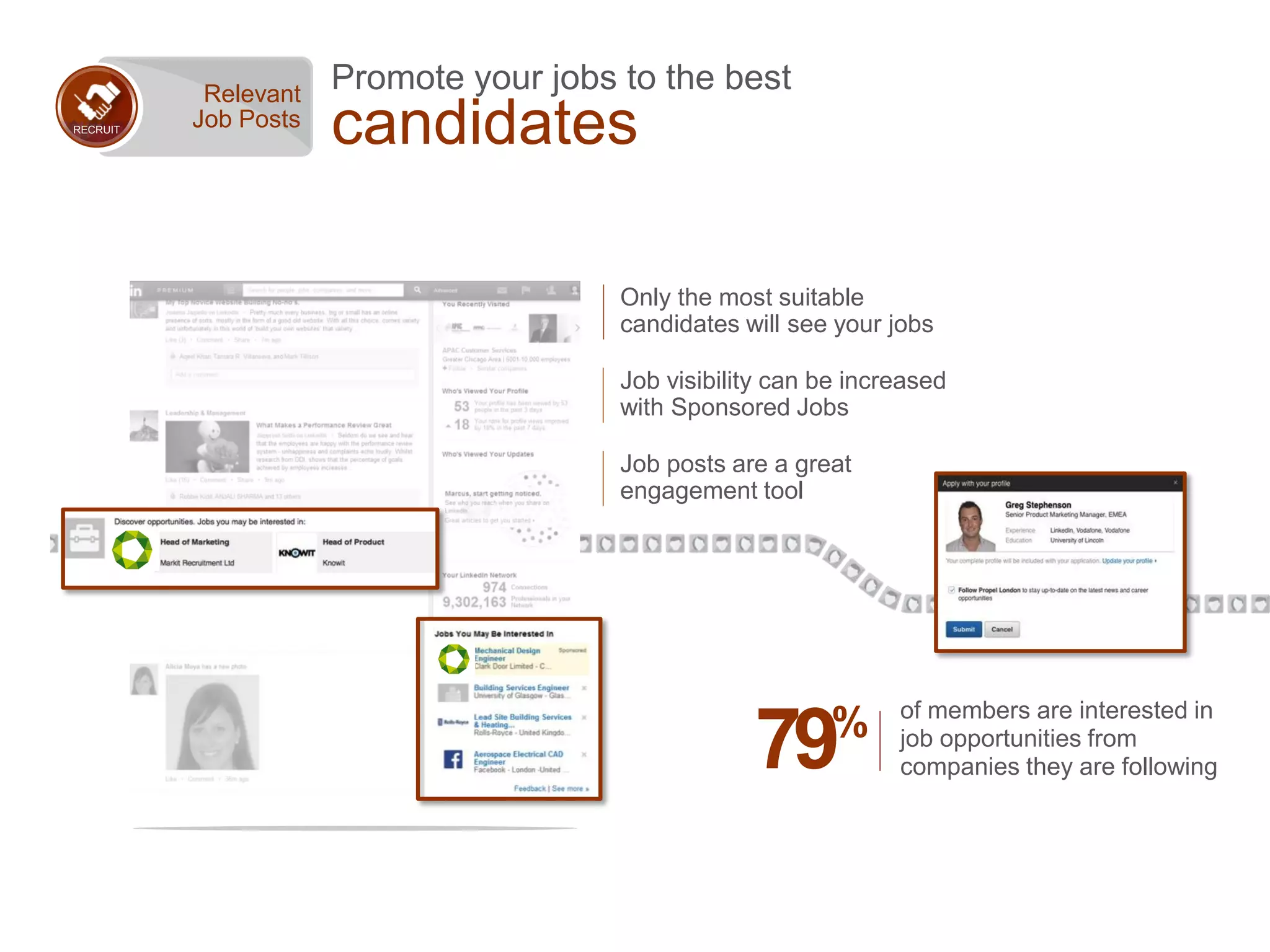 Promote your jobs to the best
candidatesRECRUIT
Relevant
Job Posts
Only the most suitable
candidates will see your jobs
Job posts are a great
engagement tool
Job visibility can be increased
with Sponsored Jobs
of members are interested in
job opportunities from
companies they are following79%
 