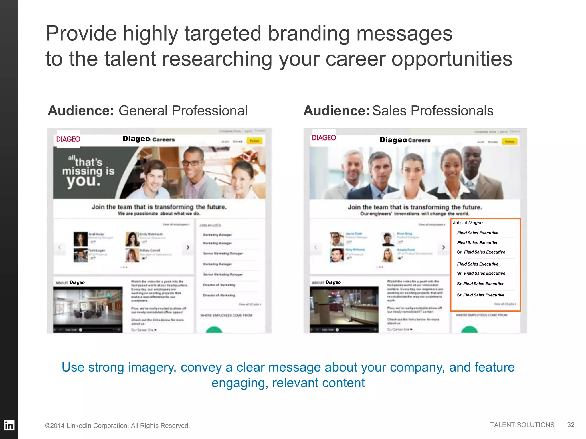©2014 LinkedIn Corporation. All Rights Reserved. TALENT SOLUTIONS
Provide highly targeted branding messages
to the talent researching your career opportunities
Audience: General Professional Audience:
Use strong imagery, convey a clear message about your company, and feature
engaging, relevant content
Sales Professionals
Diageo
Diageo
Field Sales Executive
Field Sales Executive
Sr. Field Sales Executive
Sr. Field Sales Executive
Sr. Field Sales Executive
Sr. Field Sales Executive
Diageo
Diageo
32
DiageoJobs at
Field Sales Executive
 