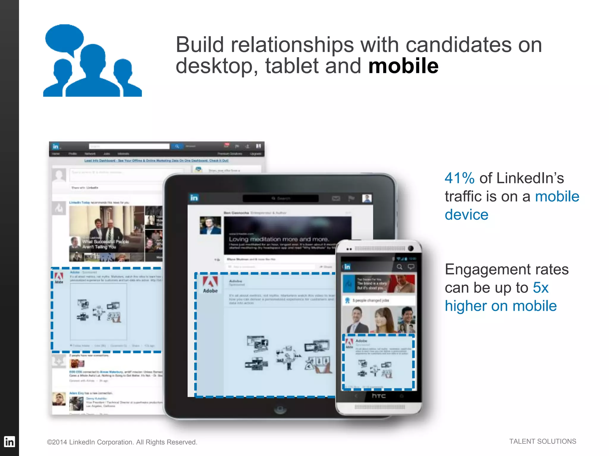 ©2014 LinkedIn Corporation. All Rights Reserved. TALENT SOLUTIONS
Build relationships with candidates on
desktop, tablet and mobile
41% of LinkedIn’s
traffic is on a mobile
device
Engagement rates
can be up to 5x
higher on mobile
 