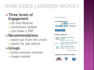  Three levels of 
Engagement 
 On-line Resume 
 continuous update 
 can make a PDF 
Recommendations 
 stand out from the crowd 
 useful for job search 
Groups 
 build common interest 
 target market 
 