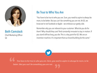 Beth Comstock
Chief Marketing Ofﬁcer
GE
Be True to Who You Are
“You have to be true to who you are. Sure, you need to aspire to always be
more, to be better. But you can’t be something you are not.At GE, we
know we’re not Facebook or Apple – we embrace our geeky side.
Remember why you are relevant to your customer: What do you do for
them? Why should they care? And constantly innovate to stay in motion. If
you stand still too long, you die.This is a key point for GE.We are an
invention machine. It’s important that our brand building be the same.”
You have to be true to who you are. Sure, you need to aspire to always be more, to be
better. But you can’t be something you are not.
“
“
 