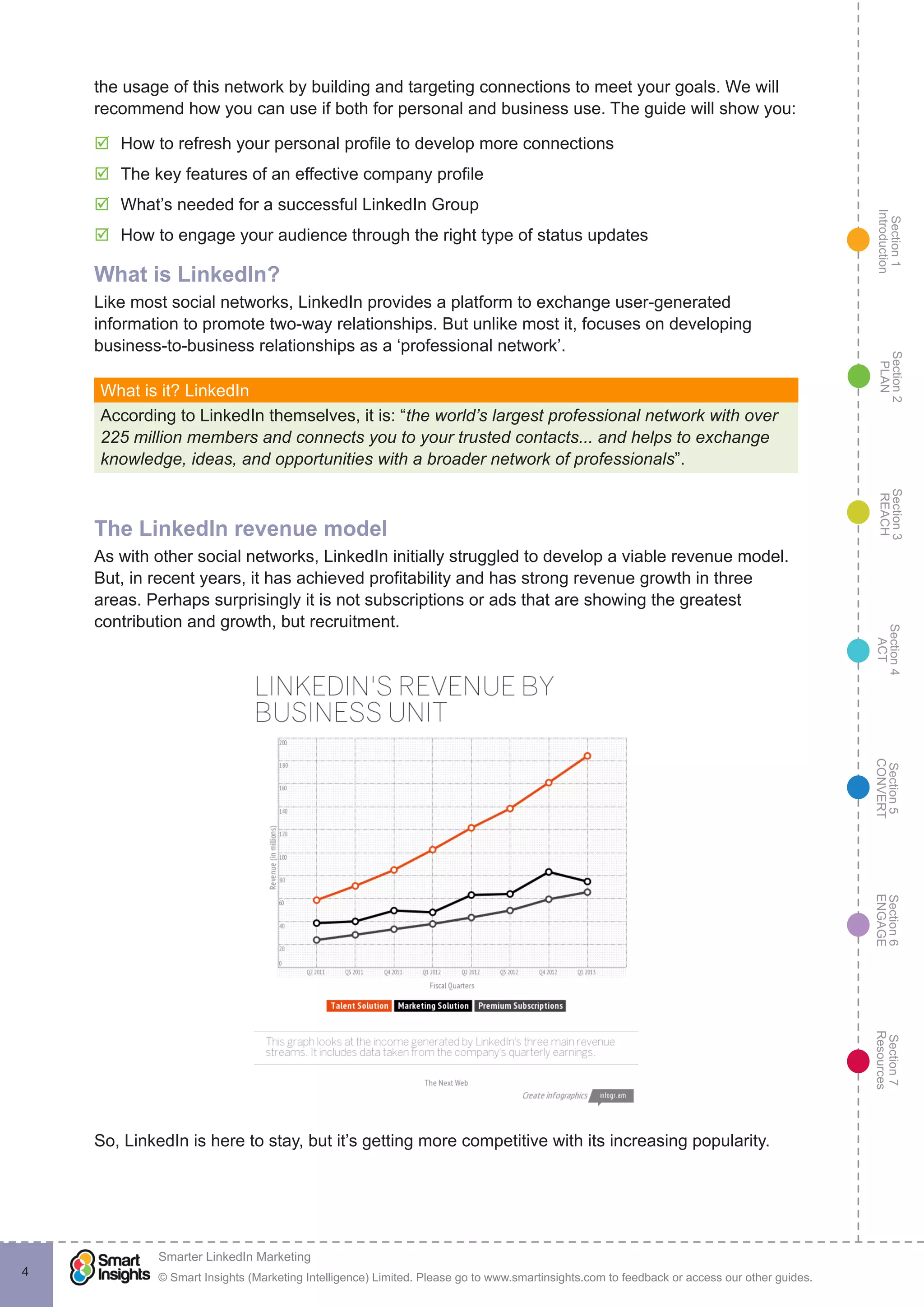 Section1
Introduction
Section6
ENGAGE
Section7
Resources
Section5
CONVERT
Section4
ACT
Section3
REACH
Section2
PLAN
© Smart Insights (Marketing Intelligence) Limited. Please go to www.smartinsights.com to feedback or access our other guides.
Smarter LinkedIn Marketing
!
4
the usage of this network by building and targeting connections to meet your goals. We will
recommend how you can use if both for personal and business use. The guide will show you:
þþ How to refresh your personal profile to develop more connections
þþ The key features of an effective company profile
þþ What’s needed for a successful LinkedIn Group
þþ How to engage your audience through the right type of status updates
What is LinkedIn?
Like most social networks, LinkedIn provides a platform to exchange user-generated
information to promote two-way relationships. But unlike most it, focuses on developing
business-to-business relationships as a ‘professional network’.
What is it? LinkedIn
According to LinkedIn themselves, it is: “the world’s largest professional network with over
225 million members and connects you to your trusted contacts... and helps to exchange
knowledge, ideas, and opportunities with a broader network of professionals”.
The LinkedIn revenue model
As with other social networks, LinkedIn initially struggled to develop a viable revenue model.
But, in recent years, it has achieved profitability and has strong revenue growth in three
areas. Perhaps surprisingly it is not subscriptions or ads that are showing the greatest
contribution and growth, but recruitment.
So, LinkedIn is here to stay, but it’s getting more competitive with its increasing popularity.
 
