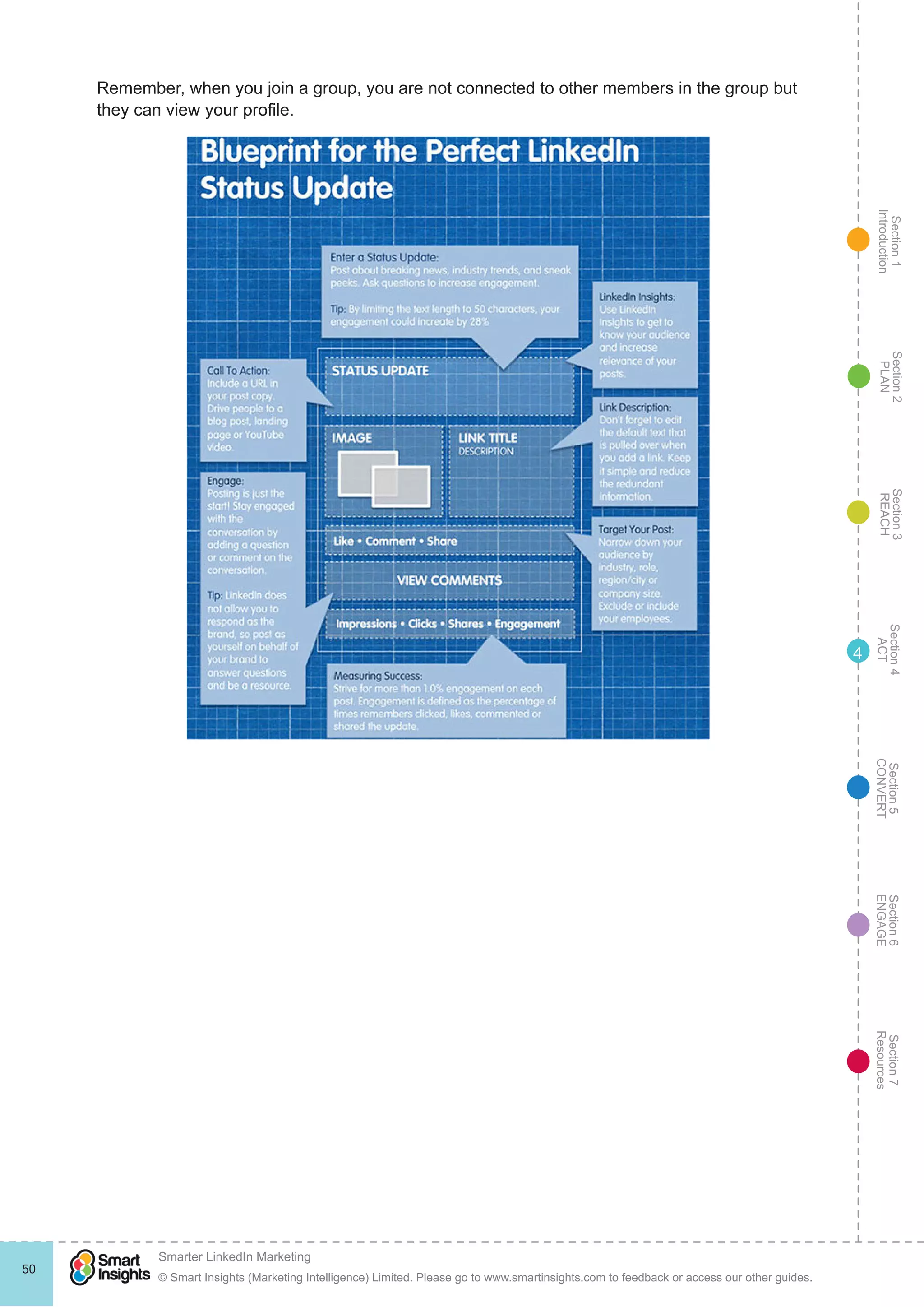 Section1
Introduction
Section6
ENGAGE
Section7
Resources
Section5
CONVERT
Section4
ACT
Section3
REACH
Section2
PLAN
© Smart Insights (Marketing Intelligence) Limited. Please go to www.smartinsights.com to feedback or access our other guides.
Smarter LinkedIn Marketing
!
50
4
Remember, when you join a group, you are not connected to other members in the group but
they can view your profile.
 