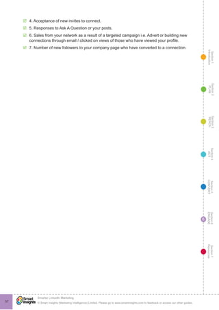 Section1
Introduction
Section6
ENGAGE
Section7
Resources
Section5
CONVERT
Section4
ACT
Section3
REACH
Section2
PLAN
© Smart Insights (Marketing Intelligence) Limited. Please go to www.smartinsights.com to feedback or access our other guides.
Smarter LinkedIn Marketing
!
57
6
þþ 4. Acceptance of new invites to connect.
þþ 5. Responses to Ask A Question or your posts.
þþ 6. Sales from your network as a result of a targeted campaign i.e. Advert or building new
connections through email / clicked on views of those who have viewed your profile.
þþ 7. Number of new followers to your company page who have converted to a connection.
 