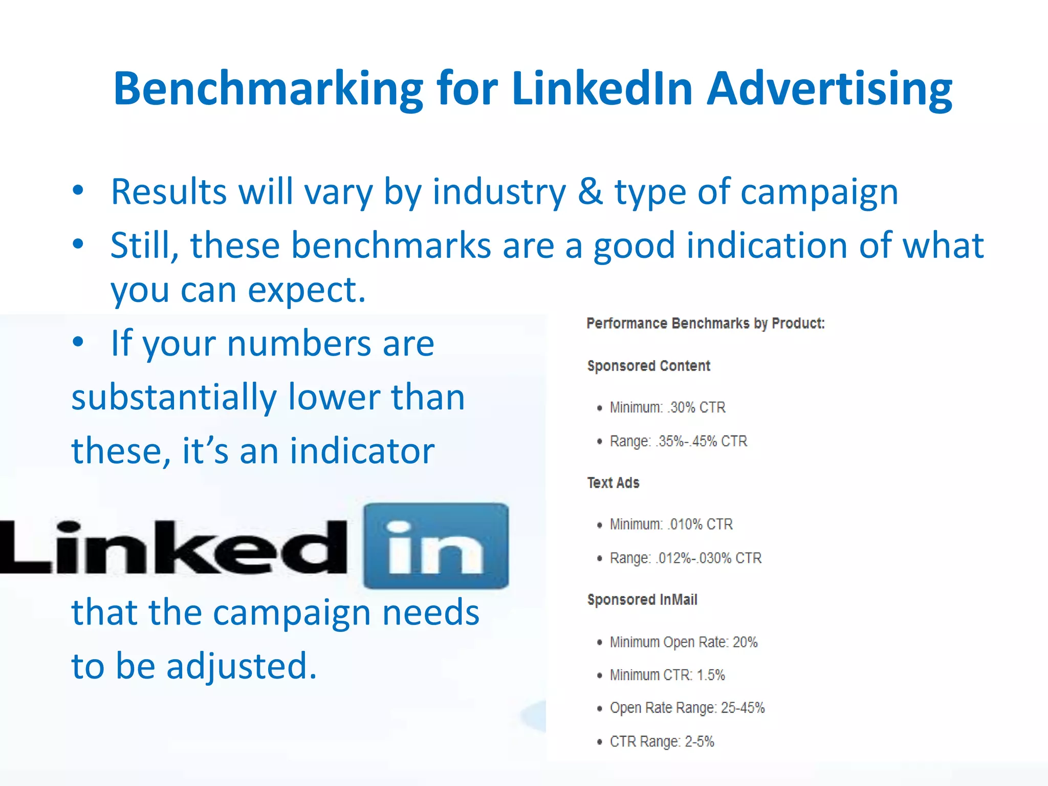 Benchmarking for LinkedIn Advertising
• Results will vary by industry & type of campaign
• Still, these benchmarks are a good indication of what
you can expect.
• If your numbers are
substantially lower than
these, it’s an indicator
that the campaign needs
to be adjusted.
 