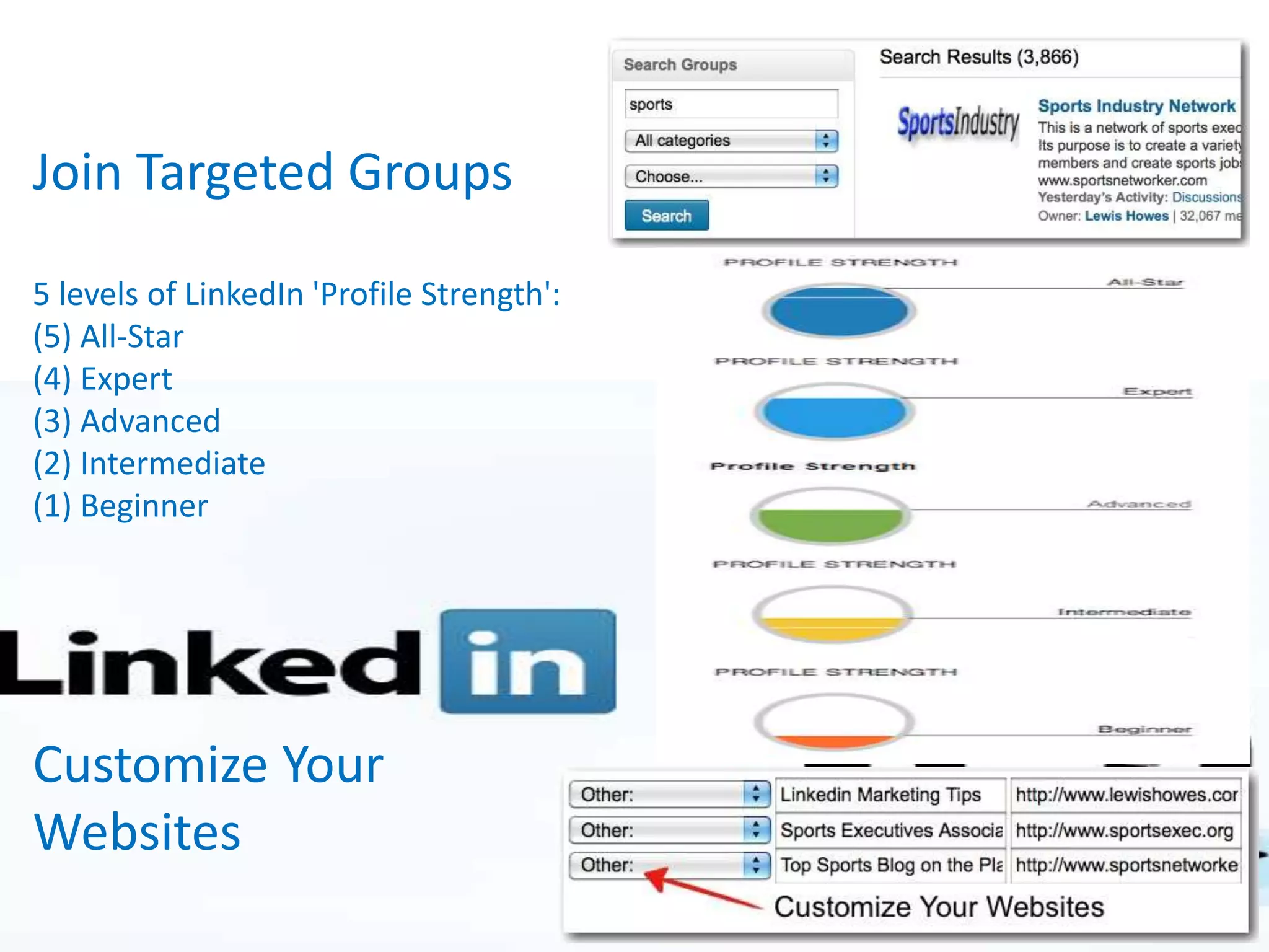Join Targeted Groups
5 levels of LinkedIn 'Profile Strength':
(5) All-Star
(4) Expert
(3) Advanced
(2) Intermediate
(1) Beginner
Customize Your
Websites
 