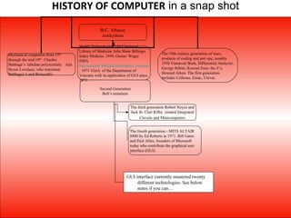 HISTORY OF COMPUTER  in a snap shot GUI interface currently mustered twenty different technologies. See below notes if you can… B.C.  Albacus Antikythera Mechanical computers from 15 th  through the mid 19 th  . Charles Babbage’s  tabulate polynomials.  Ada Byron Lovelace, who translated Babbages 's and Bernoulli's Health Technologies: 1865 National Library of Medicine John Shaw Billings-Index Medicus. 1949, Gustav Wager IMIA  International Medical Informatics Association . 1971 VistA  of the Department of Veterans with its application of GUI since 1971. The 19th century generation of wars, products of coding and anti spy, notably 1930 Vannevar Bush, Differential Analyzer, George Stibitz, Konrad Zuse- the Z’s,  Howard Aiken. The first generation includes Collosus, Eniac, Univac. Second Generation Bell’s transitors The third generation Robert Noyce and Jack St. Clair Kilby  created Integrated Circuits and   Minicomputers The fourth generation - MITS ALTAIR 8800 by Ed Roberts in 1971. Bill Gates and Paul Allen, founders of Microsoft today who contribute the graphical user interface (GUI) 