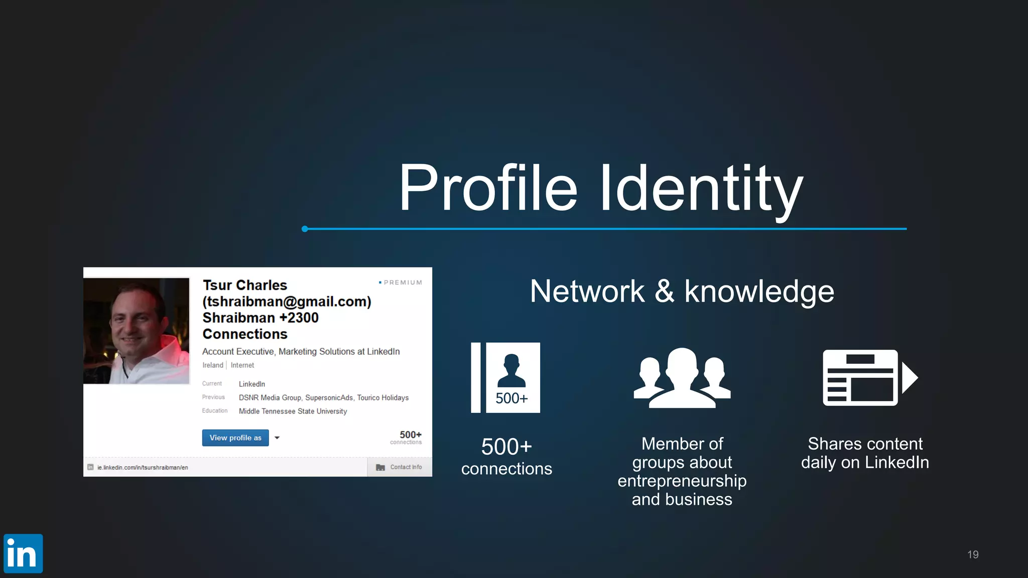 500+
connections
Member of
groups about
entrepreneurship
and business
Shares content
daily on LinkedIn
Network & knowledge
19
Profile Identity
 