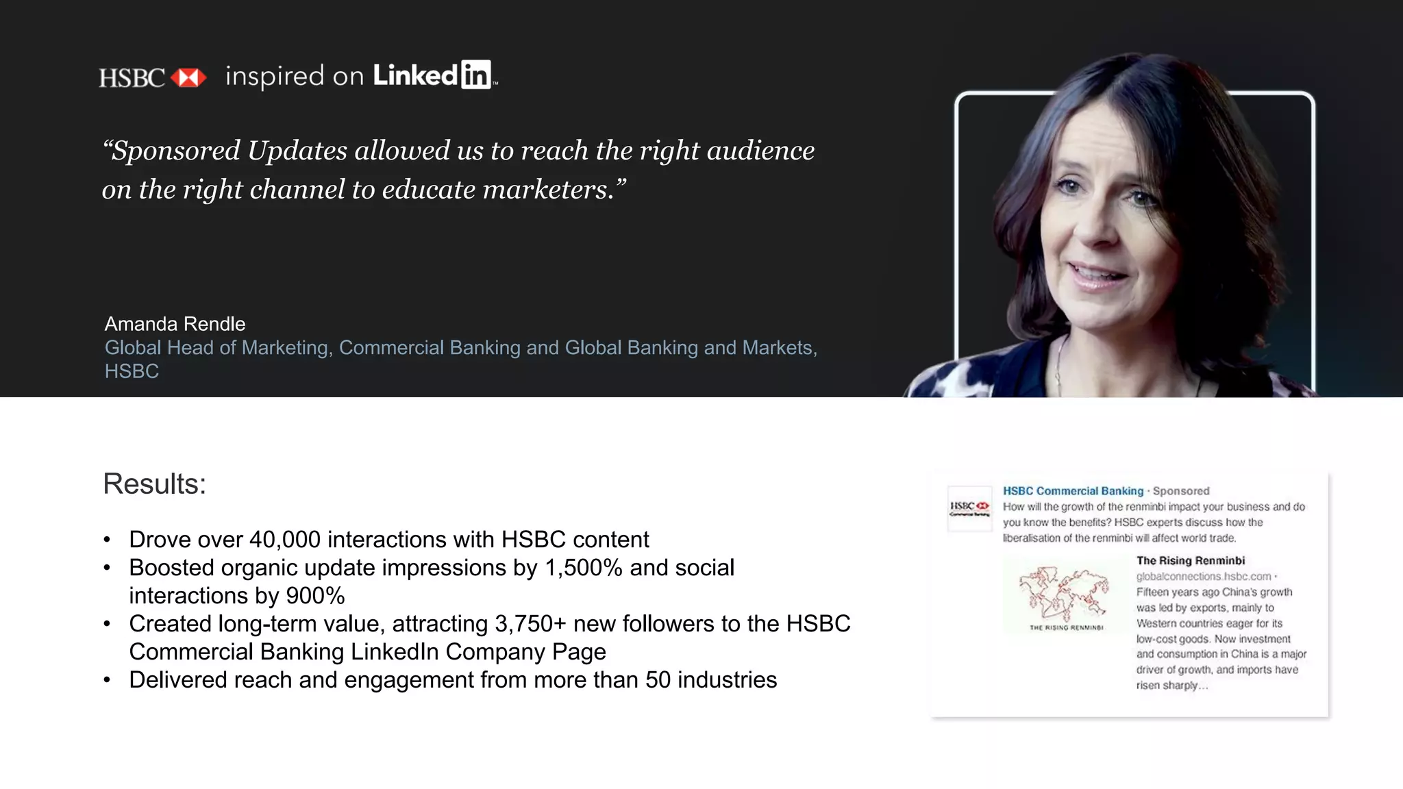 “Sponsored Updates allowed us to reach the right audience
on the right channel to educate marketers.”
Amanda Rendle
Global Head of Marketing, Commercial Banking and Global Banking and Markets,
HSBC
• Drove over 40,000 interactions with HSBC content
• Boosted organic update impressions by 1,500% and social
interactions by 900%
• Created long-term value, attracting 3,750+ new followers to the HSBC
Commercial Banking LinkedIn Company Page
• Delivered reach and engagement from more than 50 industries
Results:
 
