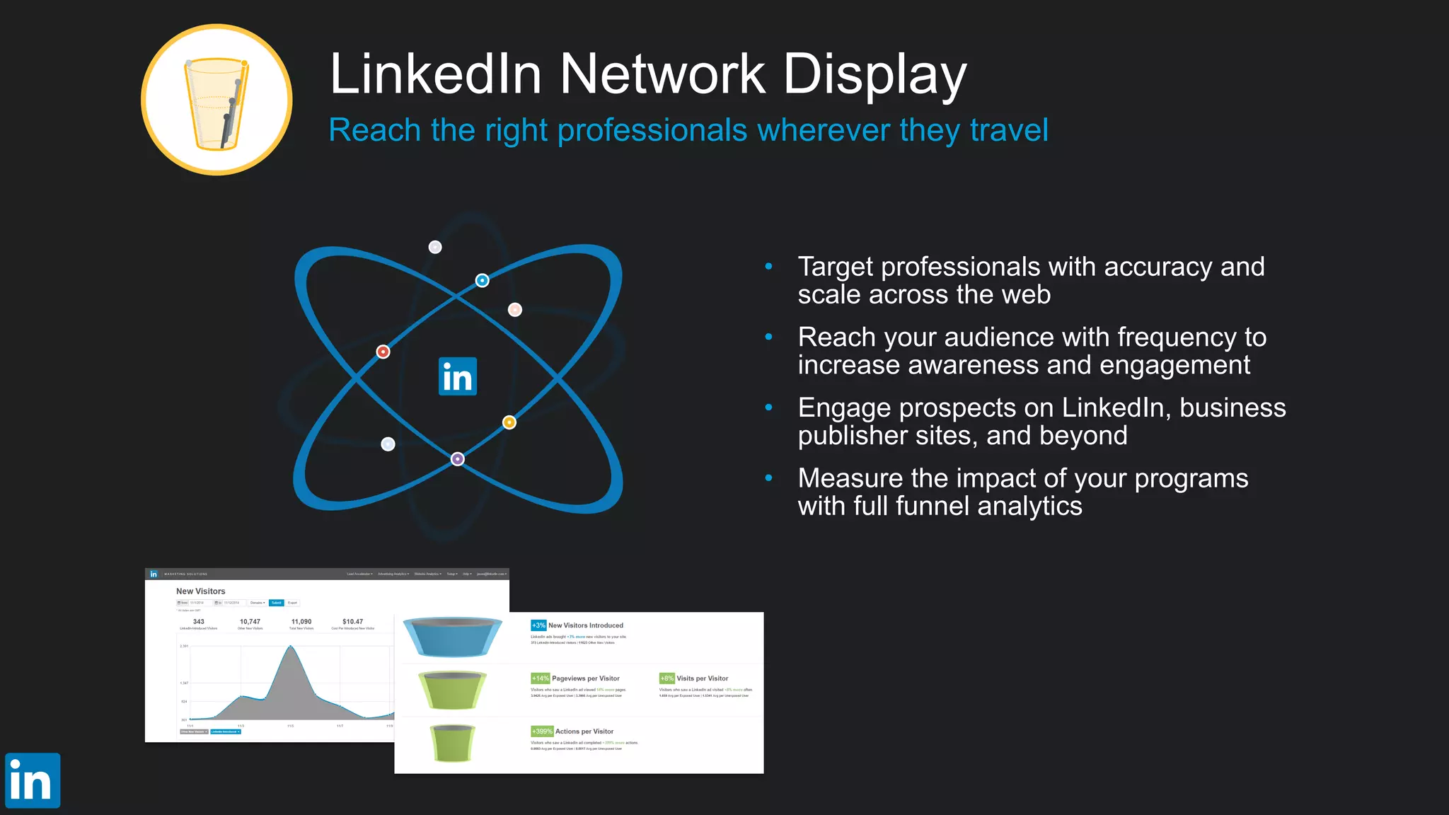 • Target professionals with accuracy and
scale across the web
• Reach your audience with frequency to
increase awareness and engagement
• Engage prospects on LinkedIn, business
publisher sites, and beyond
• Measure the impact of your programs
with full funnel analytics
​Reach the right professionals wherever they travel
LinkedIn Network Display
 