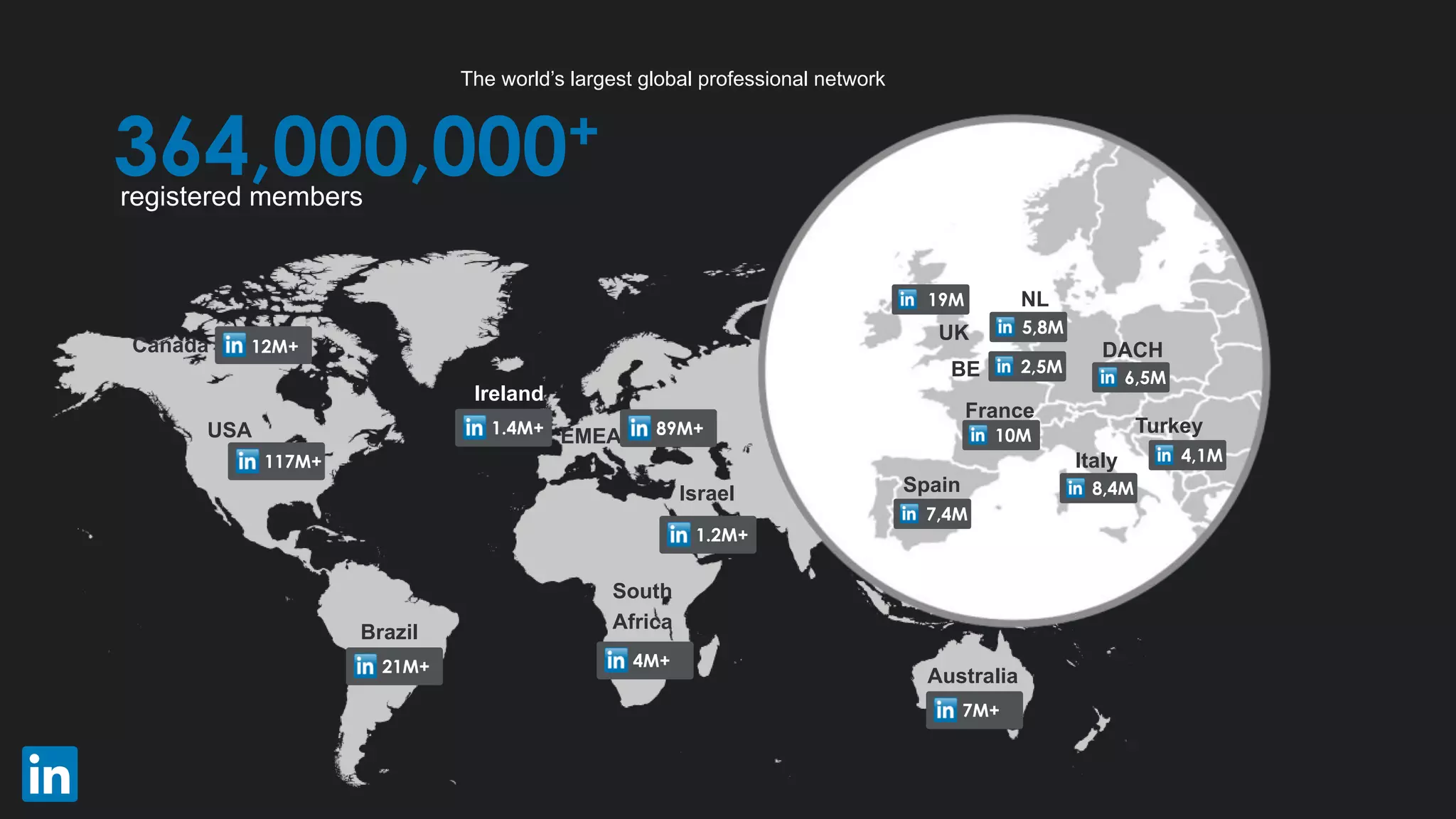 The world’s largest global professional network
364,000,000+
registered members
Canada
USA
Brazil
EMEA
Israel
Ireland
Australia
South
Africa
NL
BE
UK
DACH
France
Spain
Italy
Turkey
12M+
117M+
21M+
89M+
1.2M+
4M+
1.4M+
7M+
5,8M
19M
2,5M
6,5M
10M
7,4M
8,4M
4,1M
 