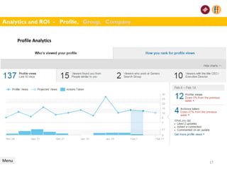 17
Analytics and ROI - Profile, Group, Company
Menu 17
Profile Analytics
 