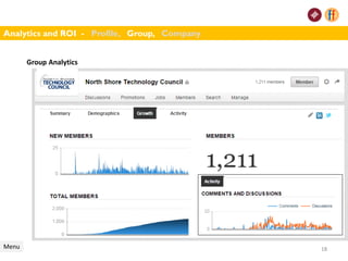 18
Analytics and ROI - Profile, Group, Company
Menu 18
Group Analytics
 