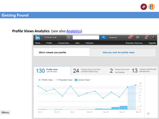 Menu
Getting Found
Profile Views Analytics (see also Analytics)
Getting Found
32
 