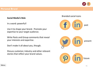 Social Media’s Role
In a word: powerful!
Use it to shape your brand. Promote your
expertise to your target audience.
Write Posts and Group comments that reveal
your interests and expertise.
Don’t make it all about you, though.
Discuss customer, industry and other relevant
stories that reflect your brand values.
Menu
past
present
future
41
Personal Brand
Branded social icons
 