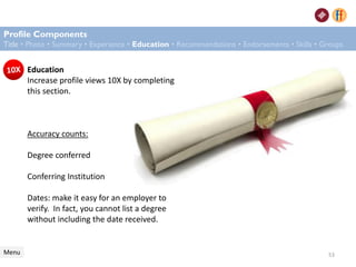 Profile Components
Title • Photo • Summary • Experience • Education • Recommendations • Endorsements • Skills • Groups
Menu
Education
Increase profile views 10X by completing
this section.
Accuracy counts:
Degree conferred
Conferring Institution
Dates: make it easy for an employer to
verify. In fact, you cannot list a degree
without including the date received.
53
 
