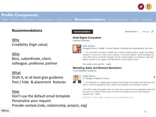 Profile Components
Title • Photo • Summary • Experience • Education • Recommendations • Endorsements • Skills • Groups
Menu
Recommendations
Why
Credibility (high value)
Who
Boss, subordinate, client,
colleague, professor, partner
What
Draft it, or at least give guidance
Post / hide & placement features
How
Don't use the default email template
Personalize your request
Provide context (role, relationship, project, org)
54
 