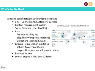 A: Niche social network with unique attributes
• B2B – Connections, Customers, Careers
• Contact management system
• Social Network (User Profiles)
• Apps
Amazon reading list
Blog link (Wordpress, TypePad)
SlideShare (acquired 2012)
• Groups - Q&A section similar to
Yahoo! Answers or Quora
Largest Groups are employment related
• Business journal
• Search engine – AND an SEO factor
What’s the Big Deal?
Menu 7
 