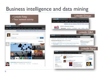 Business intelligence and data mining
  Linkedin Today             Linkedin Groups
  Your network activity




                                 Linkedin Q&A




                                   Linkedin Signal
 