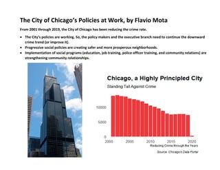 The City of Chicago’s Policies at Work, by Flavio Mota
From 2001 through 2019, the City of Chicago has been reducing the crime rate.
• The City’s policies are working. So, the policy makers and the executive branch need to continue the downward
crime trend (or improve it).
• Progressive social policies are creating safer and more prosperous neighborhoods.
• Implementation of social programs (education, job training, police officer training, and community relations) are
strengthening community relationships.
 