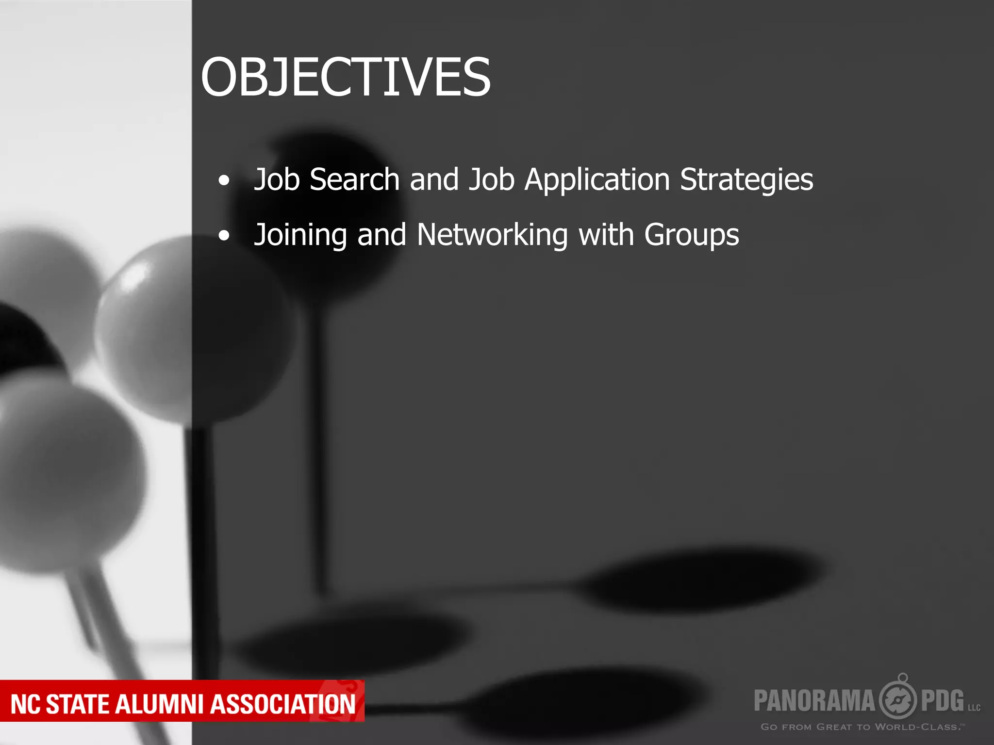 OBJECTIVES
•  Job Search and Job Application Strategies
•  Joining and Networking with Groups
 