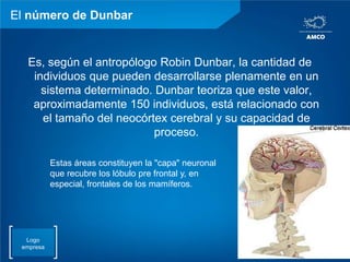 El número de DunbarEs, según el antropólogo Robin Dunbar, la cantidad de individuos que pueden desarrollarse plenamente en un sistema determinado. Dunbar teoriza que este valor, aproximadamente 150 individuos, está relacionado con el tamaño del neocórtex cerebral y su capacidad de proceso.Estas áreas constituyen la "capa" neuronal que recubre los lóbulo pre frontal y, en especial, frontales de los mamíferos.