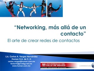 “Networking, más allá de un contacto” El arte de crear redes de contactos Lic. Carlos A. Vargas Hernández Human S.A. de C..V. carlos.vargas@human.com.mx factorrh@prodigy.net.mx  www.human.com.mx  