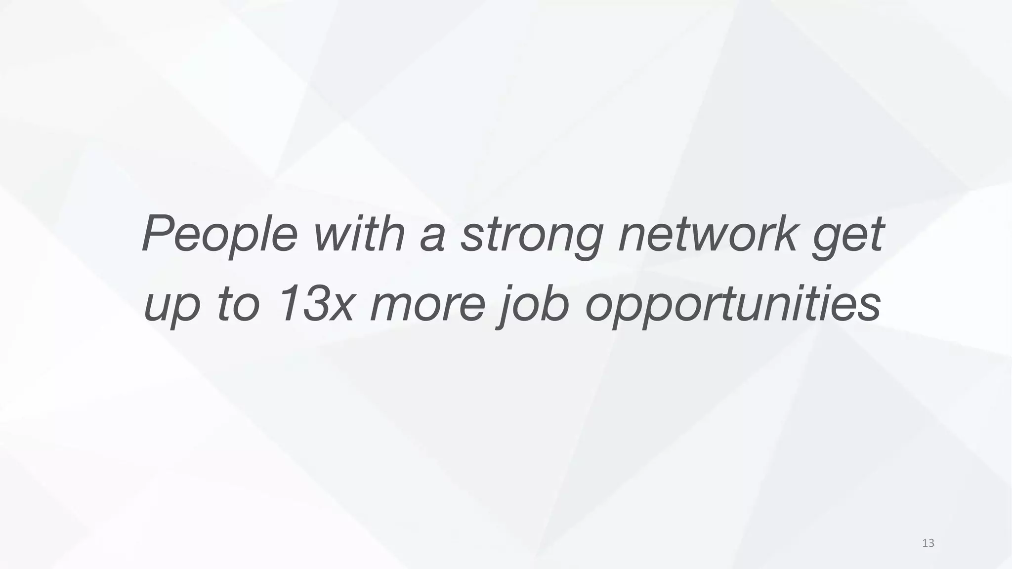 People with a strong network get
up to 13x more job opportunities
13
 