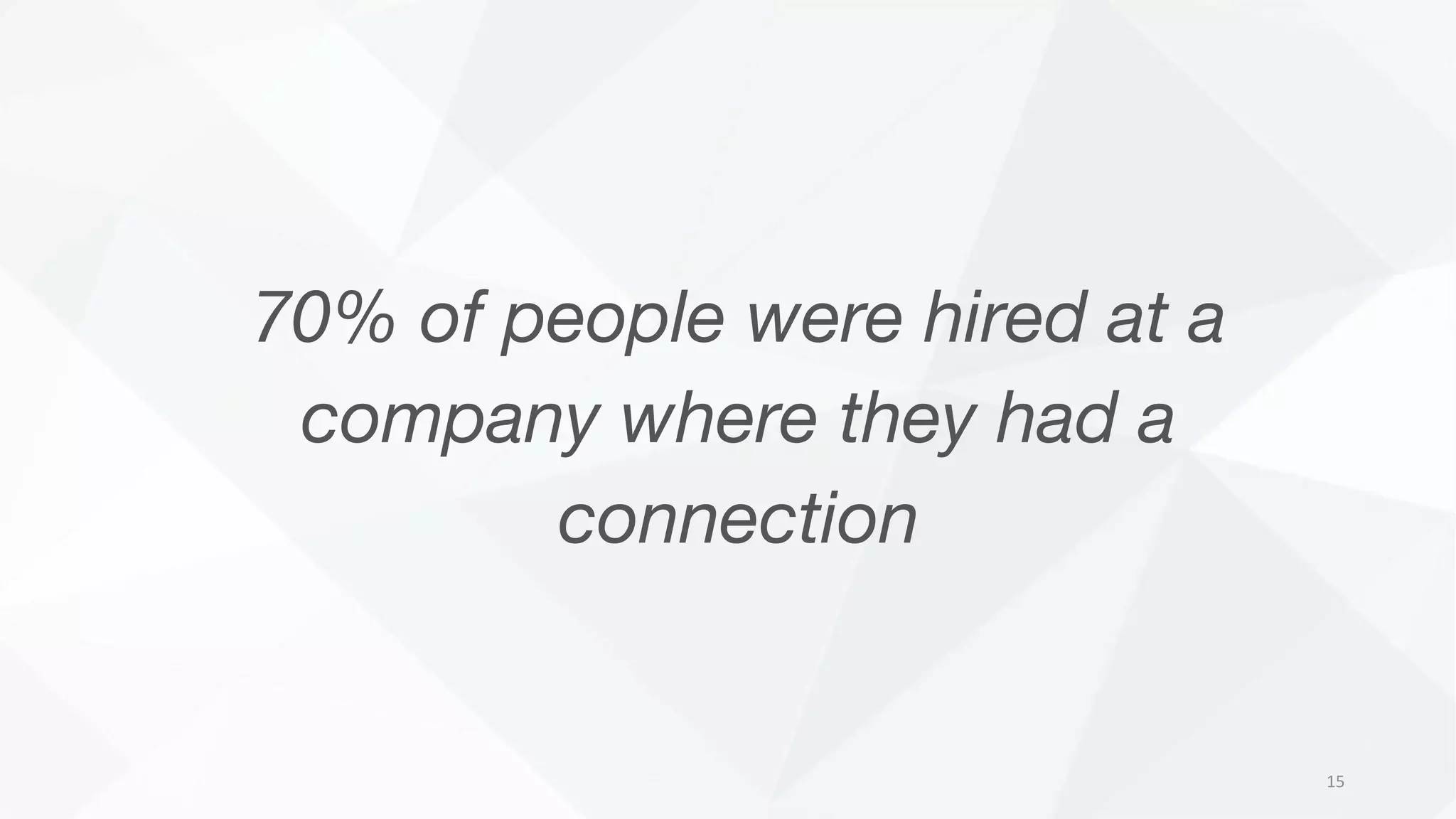 70% of people were hired at a
company where they had a
connection
15
 